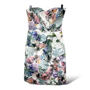 PARKER BLACK White Floral Strapless Cocktail Mini Dress Waterfall Ruffle Sz 2